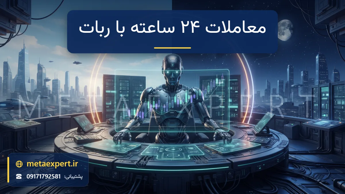 آسمان دوبخشی روز و شب بالای شهر آینده‌نگر و ربات خستگی‌ناپذیر پشت میز در حال معامله روی نمودار شمعی برای مزایای معاملات ۲۴ ساعته