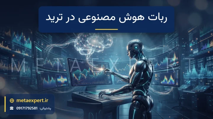 مغز شبکه عصبی نورانی متصل به چند نمایشگر بازار و ربات انسان‌نما در حال تحلیل الگوهای قیمت با هوش مصنوعی