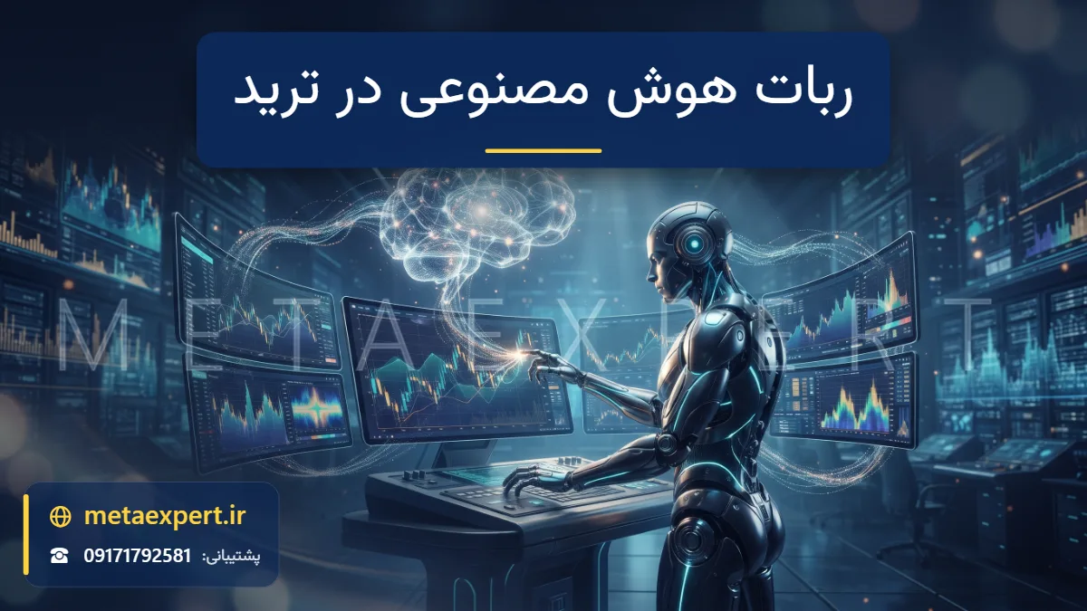 مغز شبکه عصبی نورانی متصل به چند نمایشگر بازار و ربات انسان‌نما در حال تحلیل الگوهای قیمت با هوش مصنوعی
