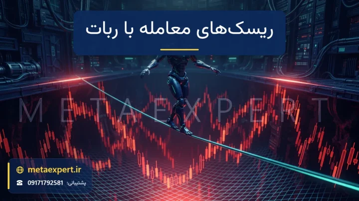 ربات در حال راه رفتن روی طناب نورانی باریک بالای پرتگاه نمودار نزولی قرمز با تور ایمنی کم‌نور به نشانه ریسک‌های معامله با ربات خودکار