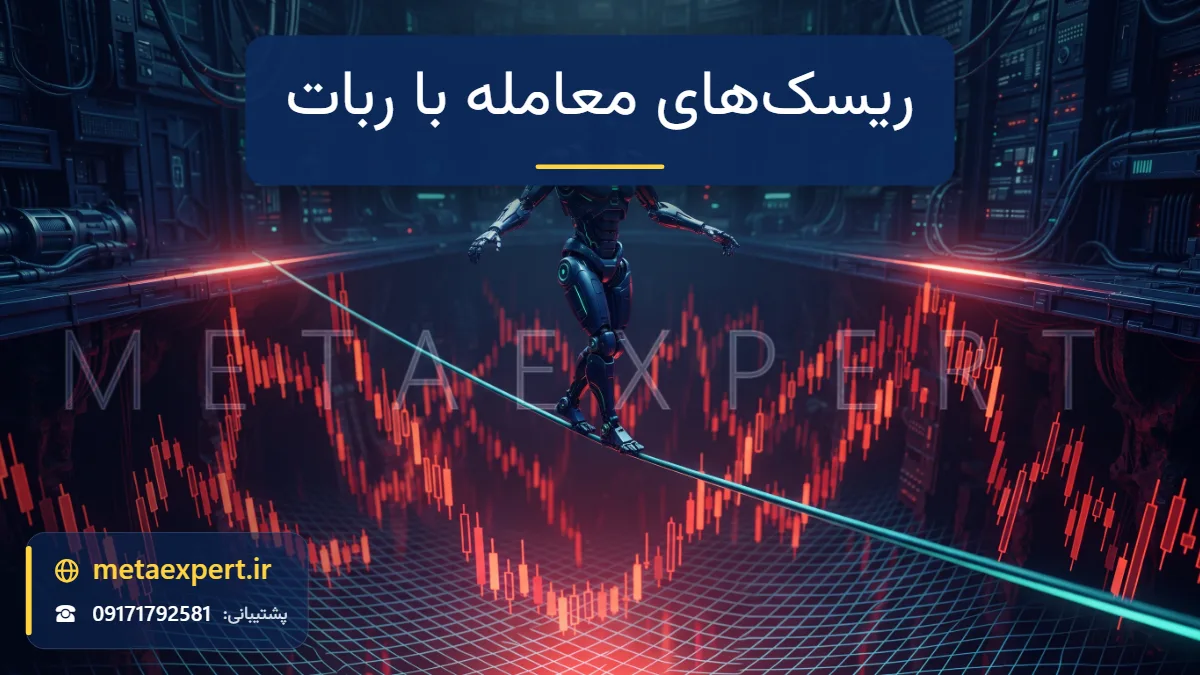 ربات در حال راه رفتن روی طناب نورانی باریک بالای پرتگاه نمودار نزولی قرمز با تور ایمنی کم‌نور به نشانه ریسک‌های معامله با ربات خودکار