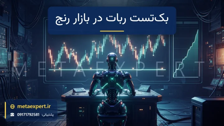 ربات در محفظه آزمون در حال تماشای بازپخش کانال قیمتی افقی بین دو دیواره نورانی با نشانگرهای برگشت و منحنی نتیجه برای بک‌تست ربات در بازار رنج