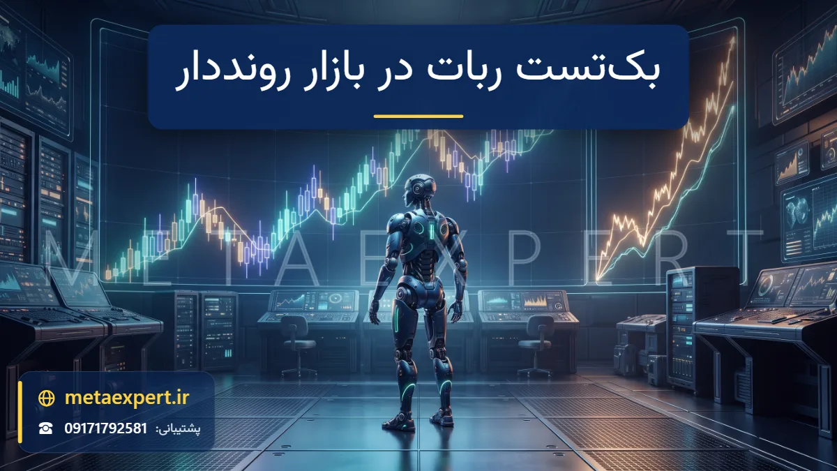 ربات در محفظه آزمون در حال تماشای بازپخش روند صعودی قوی نمودار شمعی در مسیر قطری و منحنی موجودی رو به بالا برای بک‌تست در بازار رونددار