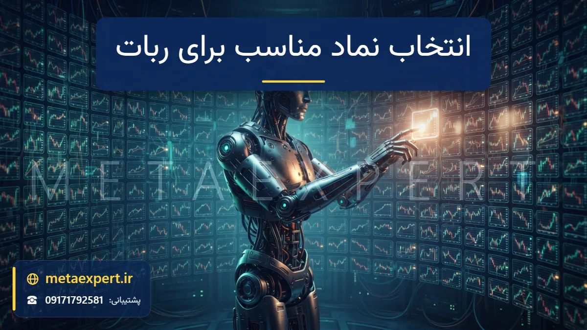 ربات مقابل دیواره کاشی‌های نورانی نمودار با الگوهای مختلف در حال انتخاب یک کاشی درخشان برای انتخاب نماد مناسب اجرای ربات