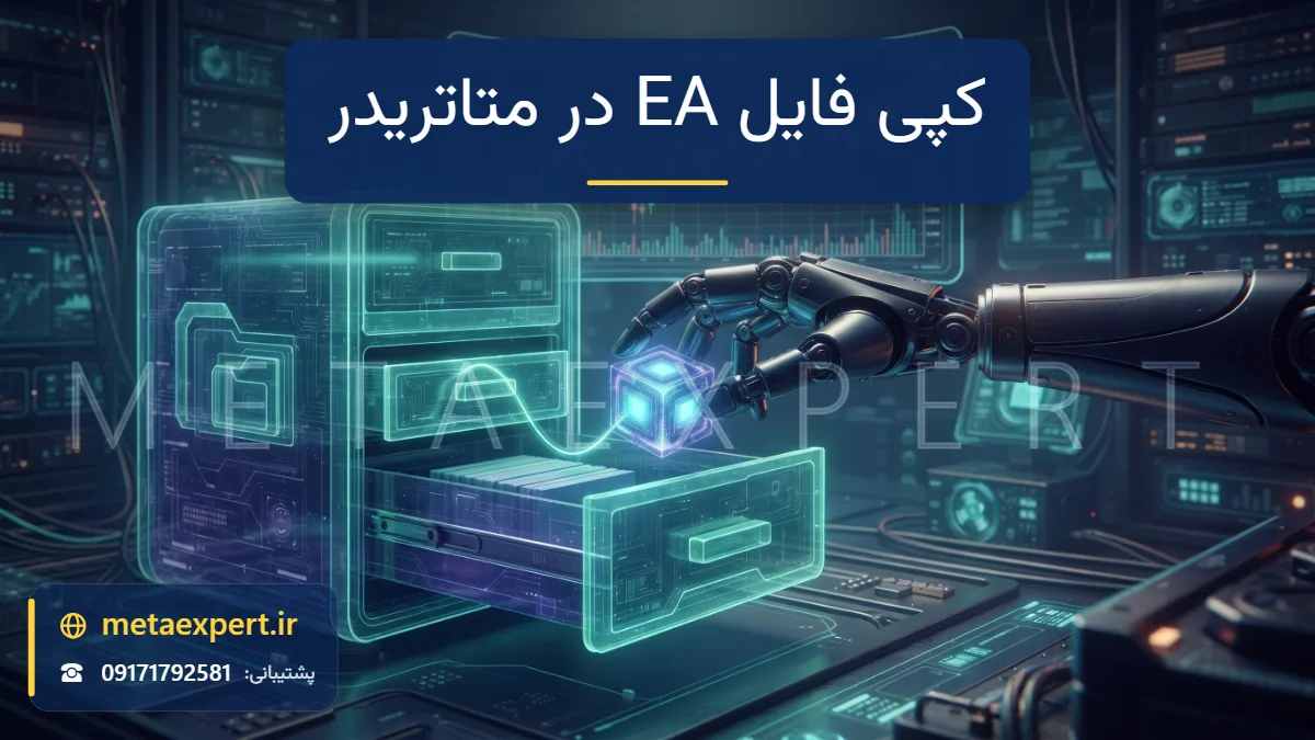 دست رباتیک در حال انتقال ماژول مکعبی فایل در مسیر نورانی به ساختار پوشه هولوگرامی کنار ترمینال معاملاتی برای کپی فایل EA در متاتریدر