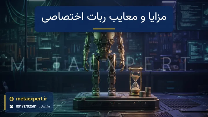 ربات سفارشی ساخته‌شده روی سکوی کارگاه با یک سمت نور سبز برای جزئیات دقیق و سمت دیگر نور کهربایی با نماد قیمت و زمان برای مزایا و معایب ربات اختصاصی