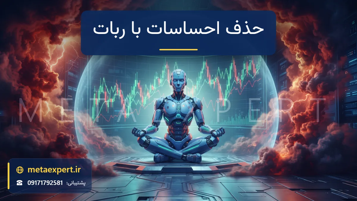 ربات آرام با نور آبی مقابل نمودار پرنوسان در میان ابرهای طوفانی قرمز و نارنجی به نشانه حذف ترس و طمع در معاملات رباتیک