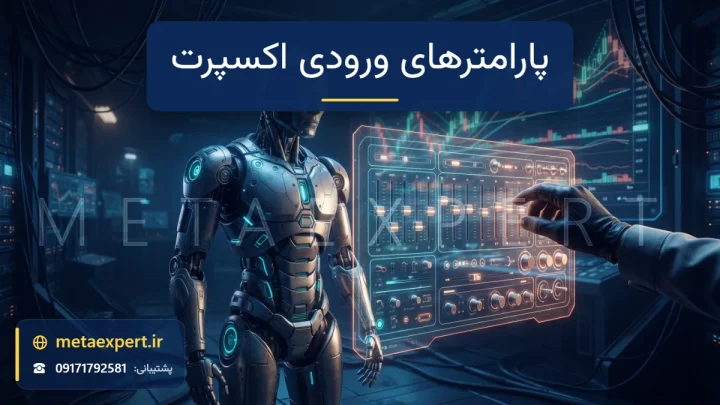 ربات کنار پنل شناور بزرگ با اسلایدرها، کلیدها و پیچ‌های نورانی قابل تنظیم و دست معامله‌گر در حال تنظیم برای آموزش پارامترهای ورودی اکسپرت