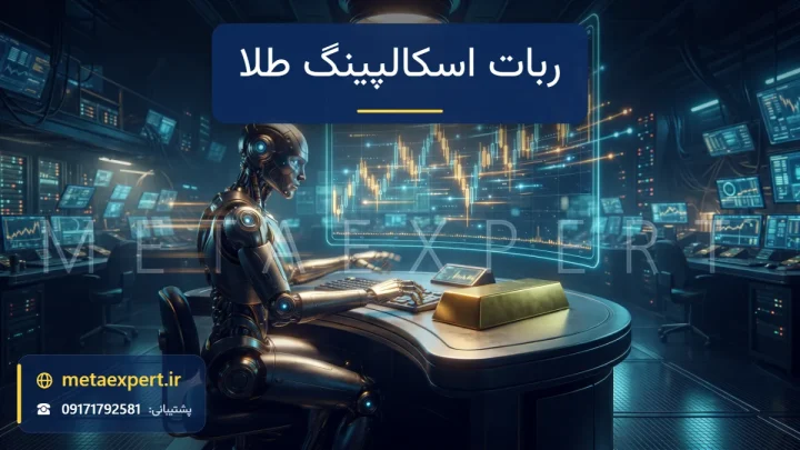 ربات سریع با جزئیات طلایی کنار شمش طلا و نمودار یک‌دقیقه‌ای قیمت طلا با نشانگرهای ورود و خروج سریع برای اسکالپینگ طلا