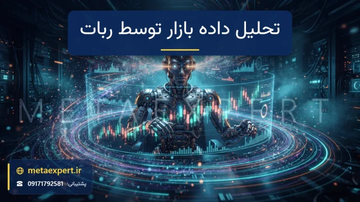 ربات در مرکز گرداب جریان‌های نورانی داده قیمت، حجم و اندیکاتور که در چشمان آن همگرا شده و به نمودار شمعی تبدیل می‌شود برای تحلیل داده بازار