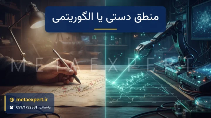 دست معامله‌گر در حال طراحی روی نمودار زیر نور گرم در کنار پرتو دقیق ربات روی همان نمودار برای مقایسه منطق معاملاتی دستی و الگوریتمی
