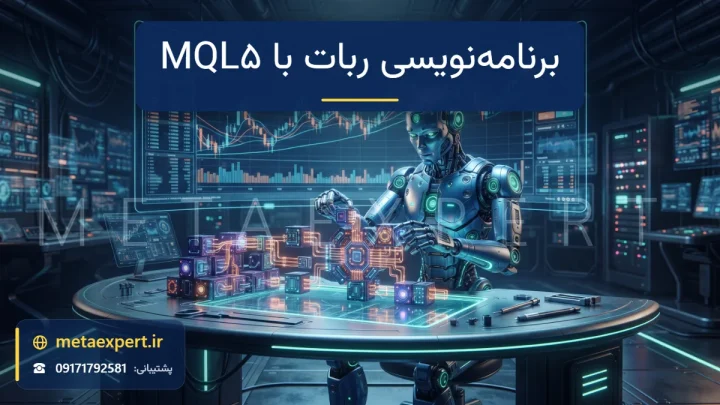 ربات مهندس پشت میز کار هولوگرامی در حال اتصال بلوک‌های ماژولار نورانی به هسته ربات با نمودار چندپنلی برای برنامه‌نویسی با MQL5