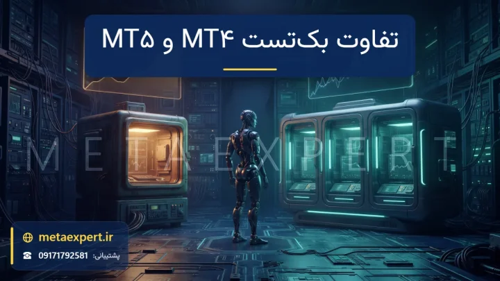 آزمایشگاه دوبخشی با محفظه تست قدیمی کهربایی و آرایه تست چندمحفظه‌ای فیروزه‌ای و رباتی بین آن‌ها برای مقایسه بک‌تست MT4 و MT5