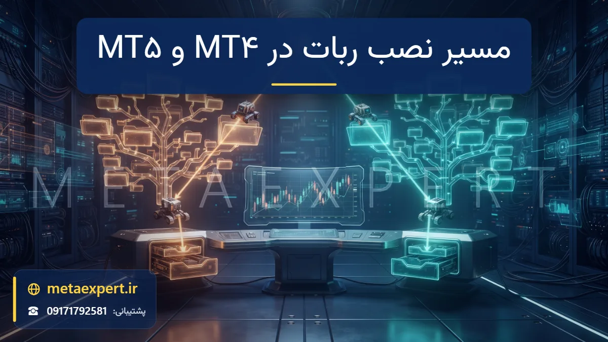 دو ساختار پوشه هولوگرامی کهربایی و فیروزه‌ای کنار هم با مسیرهای نورانی که ماژول ربات را به پوشه‌های متفاوت می‌برند برای مقایسه مسیر نصب در MT4 و MT5
