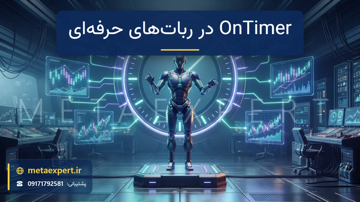 ربات رهبر ارکستر مقابل حلقه ساعت نورانی بزرگ با پالس‌های منظم نور که چند پنل نمودار را به‌روز می‌کنند برای استفاده از OnTimer در ربات حرفه‌ای