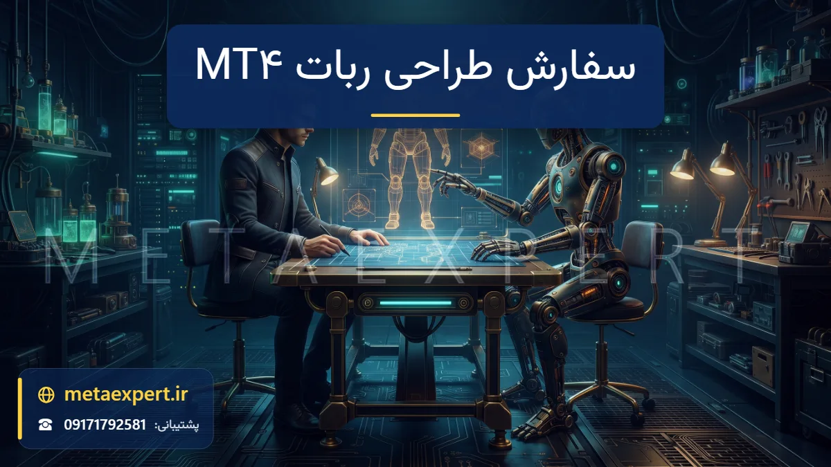 مشتری و ربات مهندس پشت میز طراحی با هولوگرام ترمینال معاملاتی و نقشه ربات برای سفارش طراحی ربات اختصاصی متاتریدر ۴