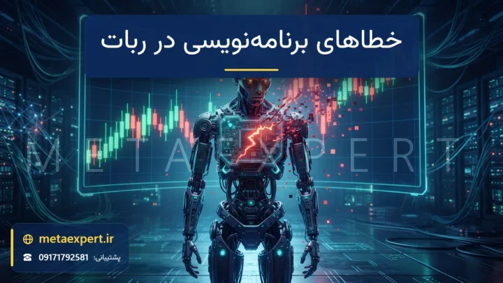 ربات با ترک نورانی در مدار سینه و جرقه‌های قرمز خطا و قطعات پیکسلی شکسته کنار نمودار دچار اختلال به نشانه تاثیر خطاهای برنامه‌نویسی