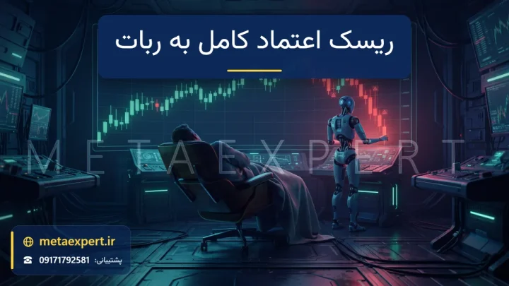 فرد خوابیده روی صندلی پشت به صفحه در حالی که ربات تنها معامله می‌کند و نمودار شمعی در حال افت است به نشانه ریسک اعتماد کامل به ربات