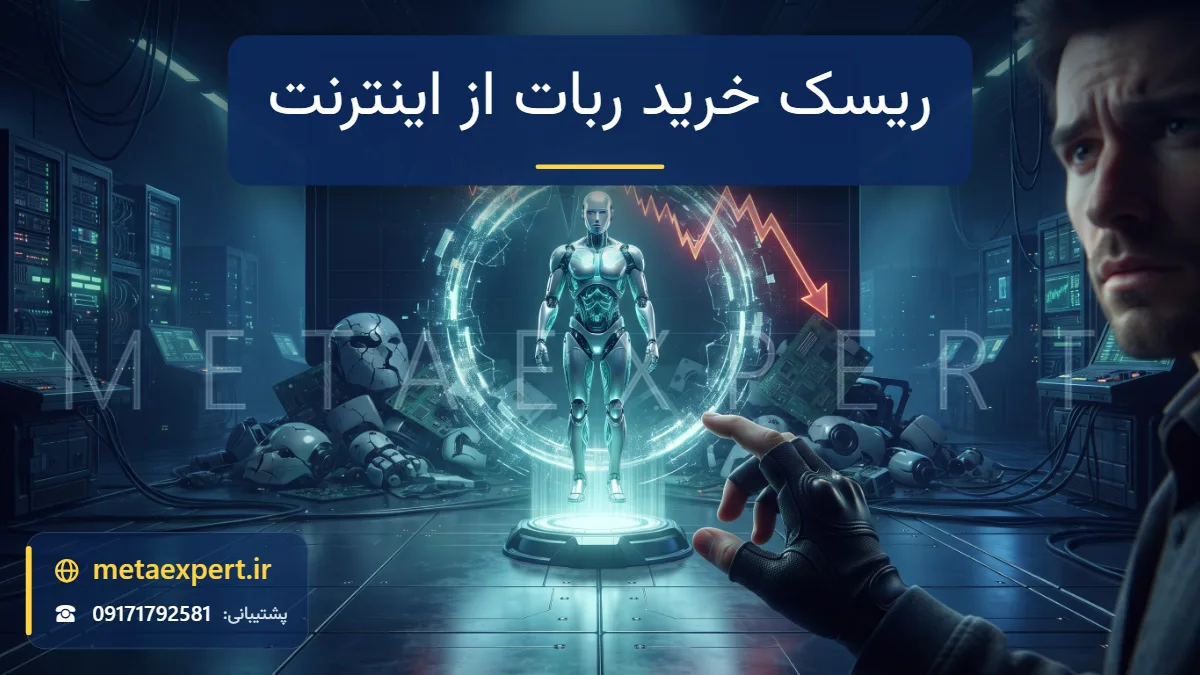 ربات براق در حال بیرون آمدن از درگاه خرید آنلاین با قطعات ترک‌خورده و نمودار نزولی پشت آن و دست مردد خریدار برای ریسک‌های خرید ربات از اینترنت