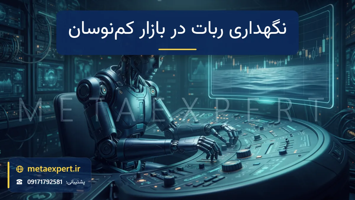 ربات آرام در حال تنظیم دقیق درجه‌های کنسول کنار نمودار تقریباً صاف و آرام مانند آب ساکن برای نگهداری ربات در بازار کم‌نوسان