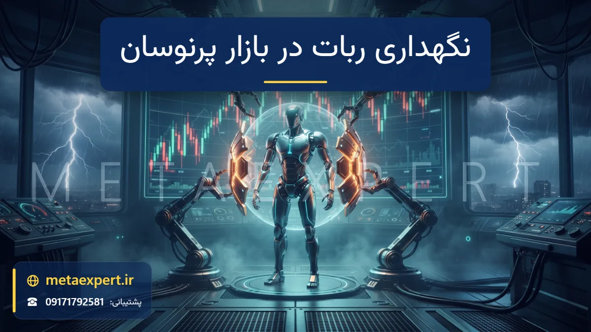 ربات در اتاق کنترل طوفانی با رعد و برق و بازوهای تکنسین در حال تقویت آن با صفحات محافظ نورانی و نمودار پرنوسان برای نگهداری ربات در بازار پرنوسان