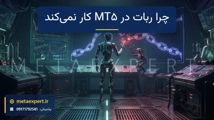 ربات مدرن ساکن مقابل ترمینال چندپنلی با یک حلقه شکسته قرمز در زنجیره اتصال نورانی و ربات عیب‌یاب برای رفع مشکل کار نکردن ربات در MT5