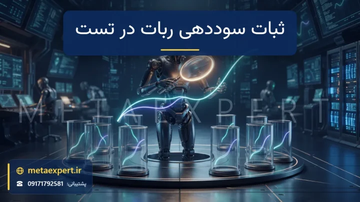 ربات در حال بررسی منحنی موجودی صاف و پیوسته صعودی با لنز دقیق و بازتاب منحنی‌های مشابه در چند محفظه آزمون کوچک برای بررسی ثبات سوددهی ربات