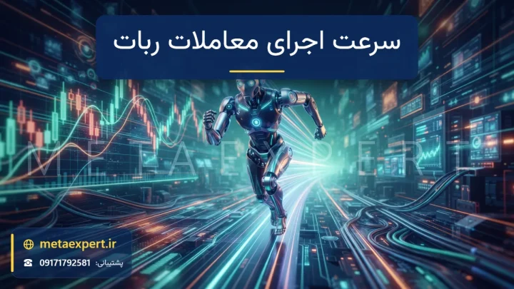 ربات در حال حرکت سریع به شکل نوری محو روی بزرگراه داده نورانی با ردهای حرکتی بلند و نمودار شمعی برای نمایش مزیت سرعت اجرای معاملات