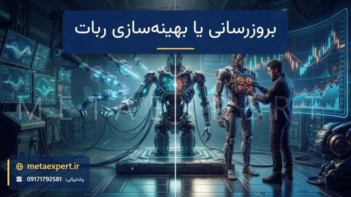 ربات در حال دریافت قطعات نورانی جدید در یک سمت و تنظیم دقیق درجه‌های سینه ربات در سمت دیگر برای مقایسه بروزرسانی و بهینه‌سازی ربات