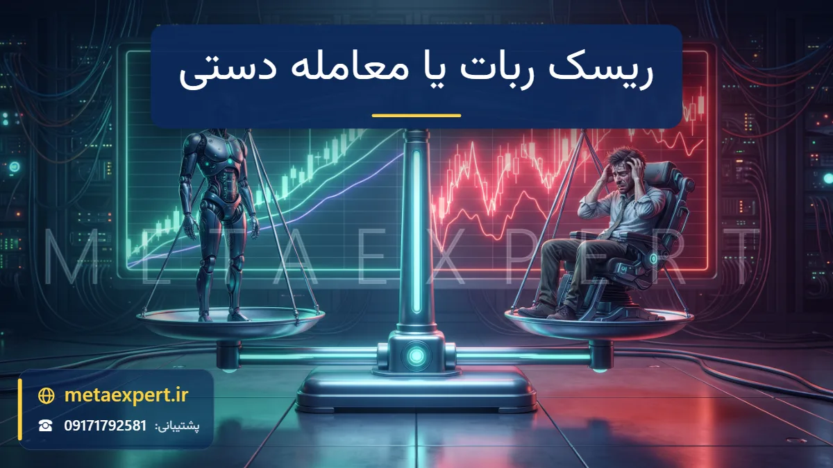 ترازوی نورانی با ربات آرام در یک کفه و معامله‌گر نگران در کفه دیگر و نمودار شمعی برای مقایسه ریسک ربات و معامله دستی
