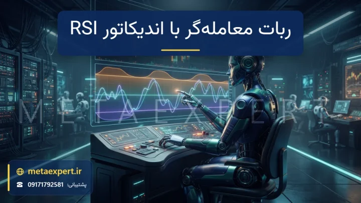 پنل نورانی نوسانگر RSI زیر نمودار شمعی با نواحی رنگی اشباع خرید و فروش و رباتی در حال تحلیل آن‌ها