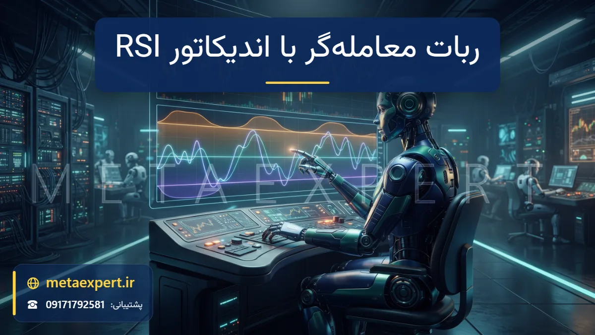 پنل نورانی نوسانگر RSI زیر نمودار شمعی با نواحی رنگی اشباع خرید و فروش و رباتی در حال تحلیل آن‌ها