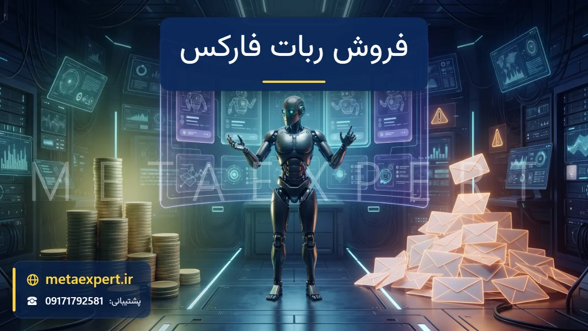 توسعه‌دهنده ربات کنار ویترین آنلاین هولوگرامی با کارت‌های محصول ربات و سکه‌های در حال رشد در یک سمت و نشانه‌های پشتیبانی و هشدار در سمت دیگر