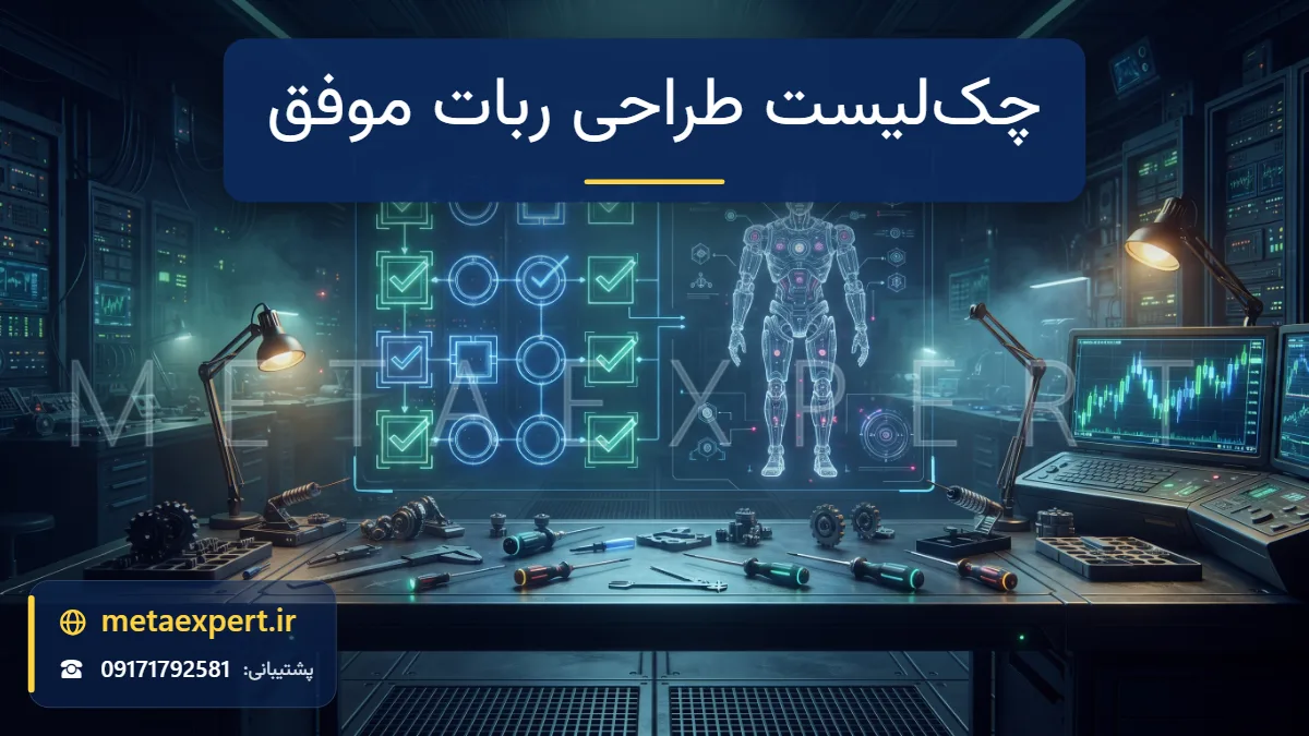 چک‌لیست هولوگرامی با تیک‌های نورانی کنار نقشه هولوگرامی ربات روی میز مهندسی برای طراحی ربات معامله‌گر موفق