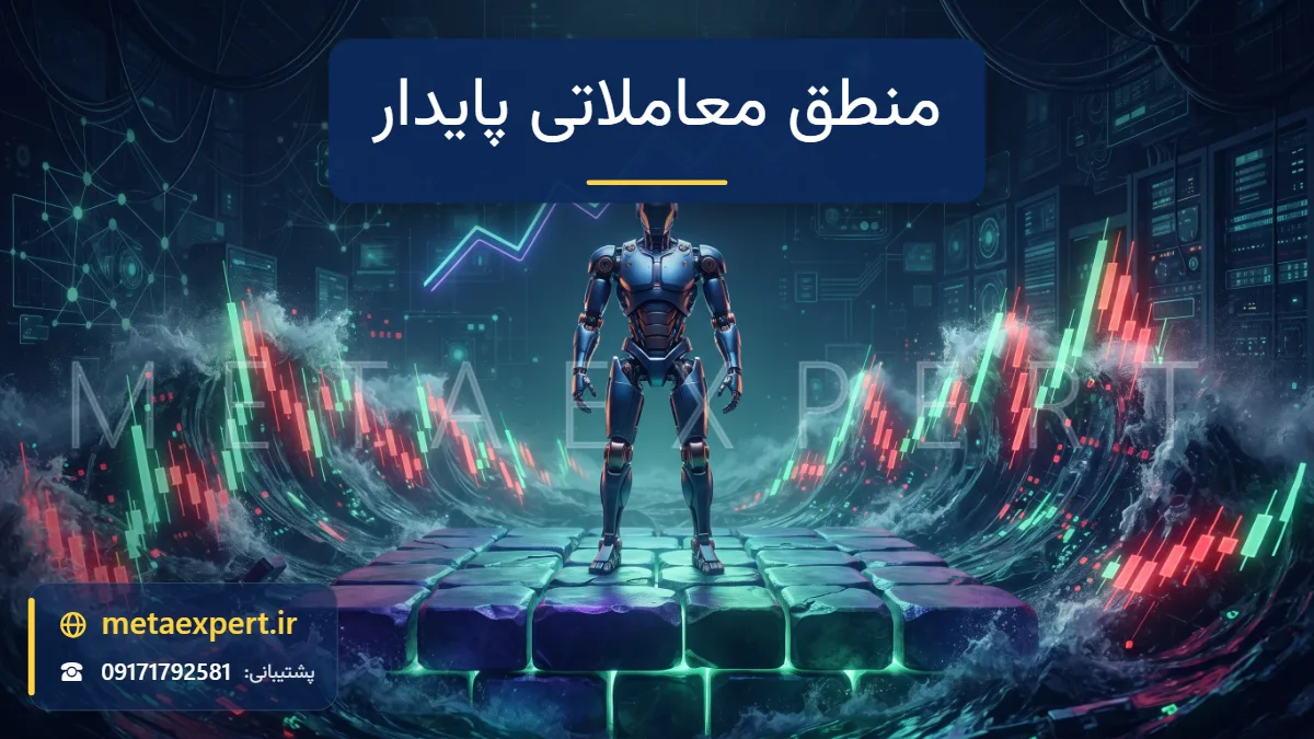 ربات ایستاده روی پایه محکم بلوک‌های نورانی در میان امواج طوفانی نمودار با منحنی موجودی پایدار برای طراحی منطق معاملاتی پایدار