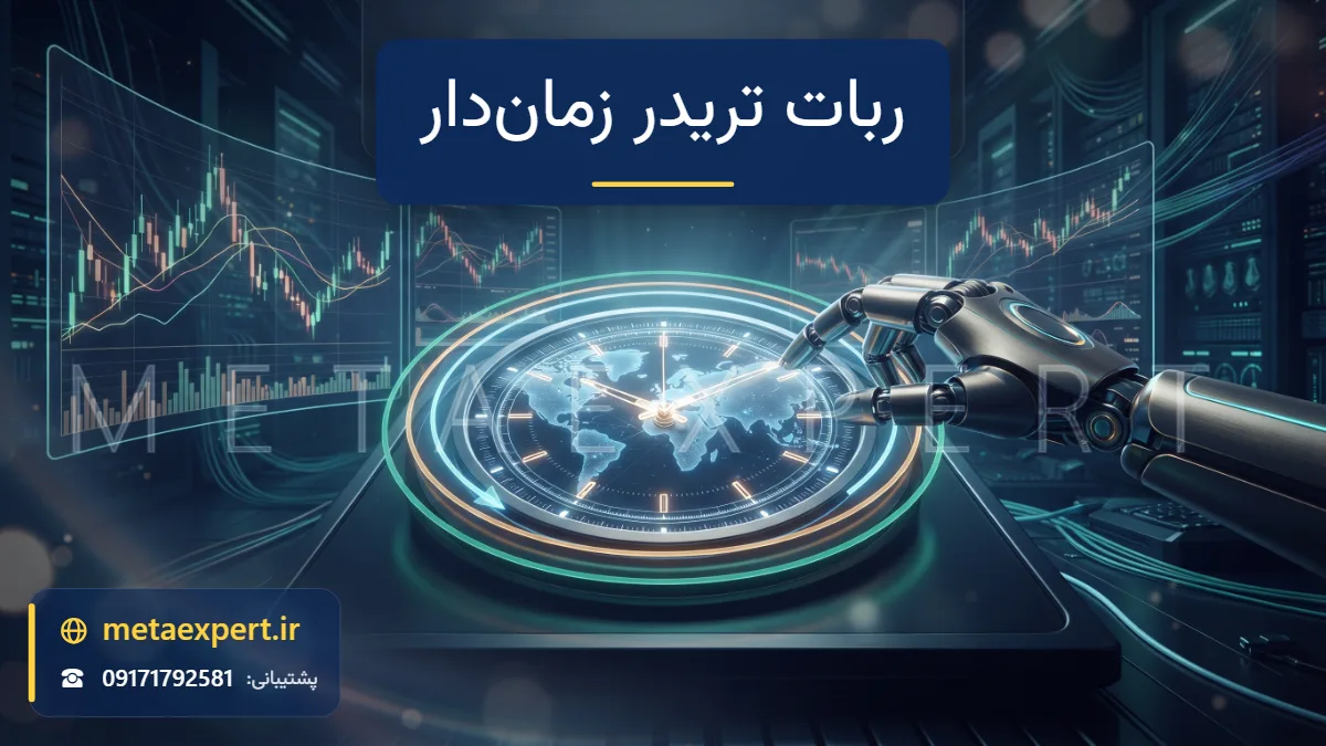 ساعت نورانی با حلقه‌های رنگی سشن‌های معاملاتی روی نقشه جهان و دست رباتیک در حال تنظیم زمان کنار نمودار شمعی