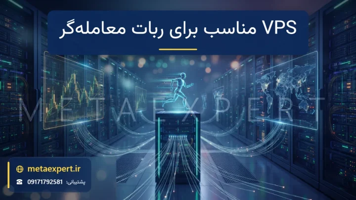 رک سرور نورانی در دیتاسنتر با هولوگرام ربات و خطوط شبکه متصل به نمودار فارکس برای اجرای ۲۴ ساعته ربات معامله‌گر