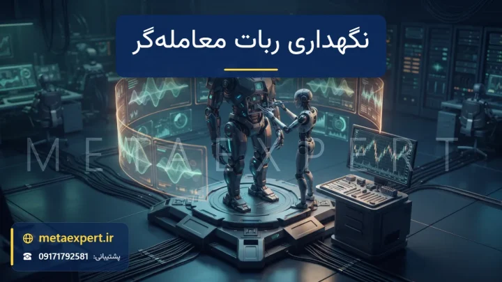 ربات تکنسین در حال سرویس ربات دیگر روی سکوی تعمیر با پنل‌های عیب‌یابی نورانی و نمودار شمعی برای نگهداری ربات معامله‌گر