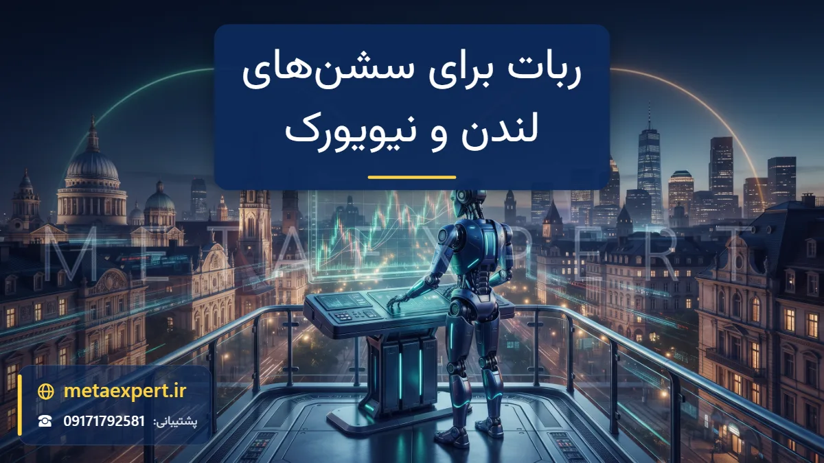 خط آسمان شهر با ترکیب منظره لندن و نیویورک و کمان‌های نورانی سشن‌های معاملاتی و رباتی در حال رصد نمودار زنده