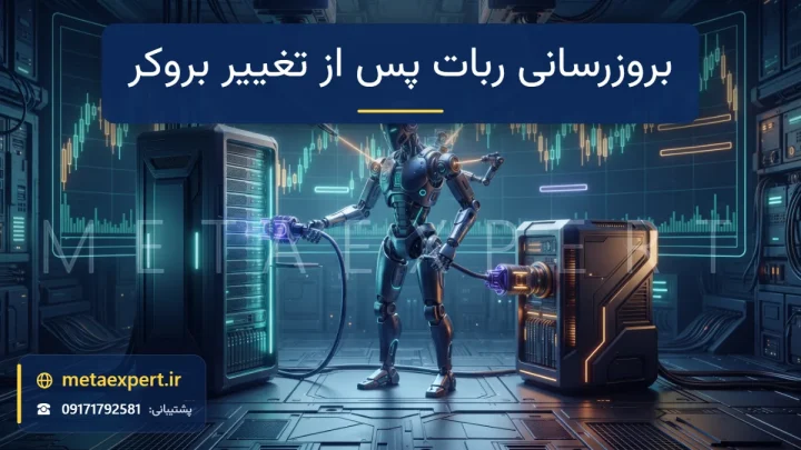 ربات در حال جدا کردن اتصال از یک برج سرور نورانی و وصل شدن به برج جدید با بازوهای تکنسین در حال تنظیم برای بروزرسانی ربات پس از تغییر بروکر