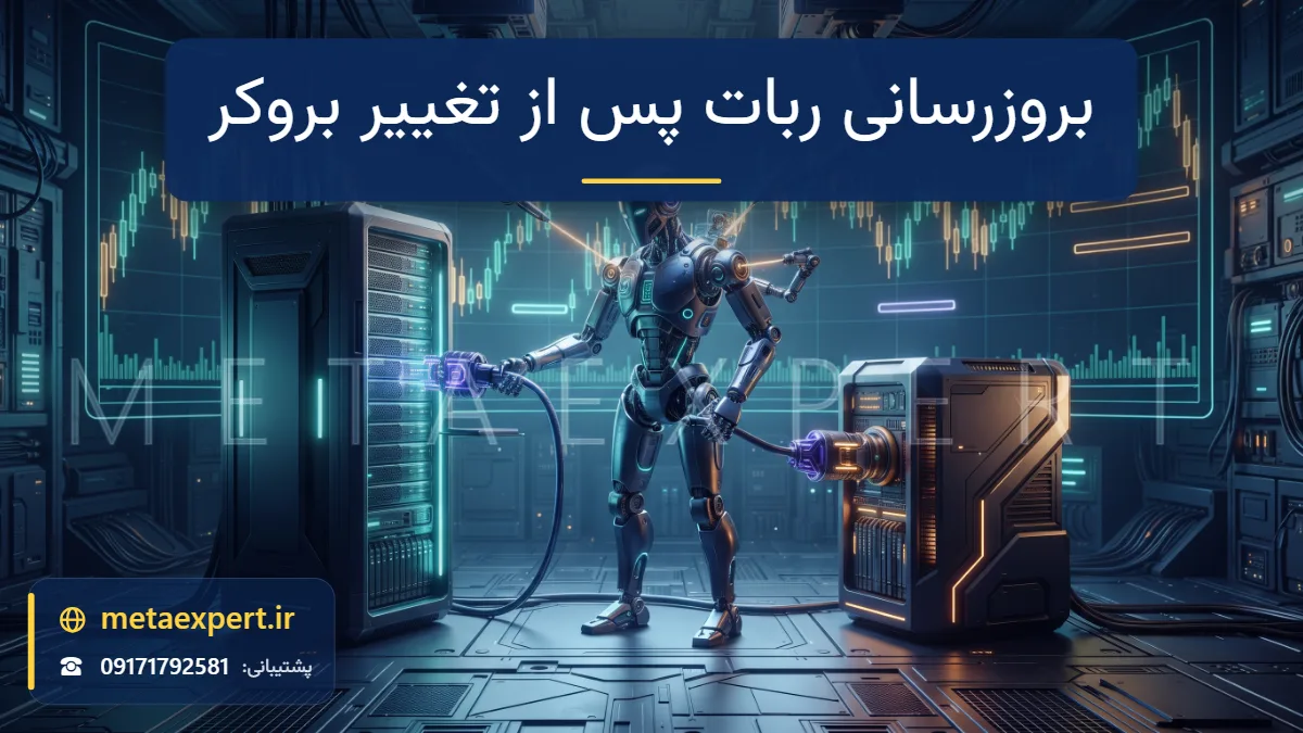 ربات در حال جدا کردن اتصال از یک برج سرور نورانی و وصل شدن به برج جدید با بازوهای تکنسین در حال تنظیم برای بروزرسانی ربات پس از تغییر بروکر