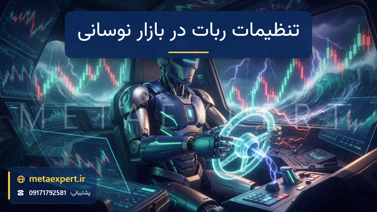 ربات خلبان در حال هدایت در میان امواج پرنوسان نمودار شمعی و رعد و برق با سکان نورانی برای تنظیم ربات در بازار نوسانی