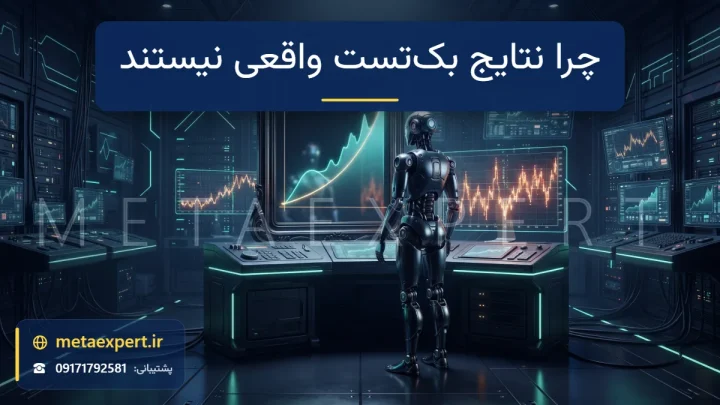 ربات مقابل آینه‌ای که منحنی موجودی صاف و صعودی را نشان می‌دهد در حالی که نمودار واقعی جلوی آینه ناهموار است به نشانه تفاوت بک‌تست و واقعیت