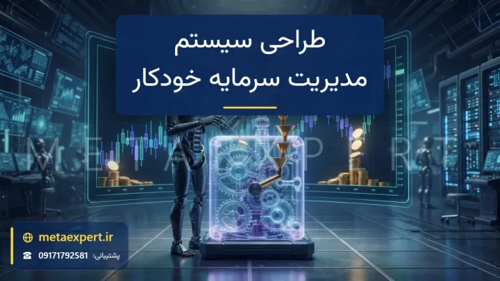 ربات مهندس در حال مونتاژ ماشین شفاف نورانی از چرخ‌دنده‌ها، دریچه‌ها و سپرها که جریان‌های کوچک و اندازه‌گیری‌شده سکه را به نمودار هدایت می‌کند برای طراحی سیستم مدیریت سرمایه خودکار