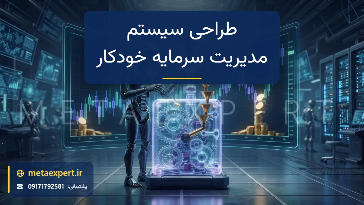 ربات مهندس در حال مونتاژ ماشین شفاف نورانی از چرخ‌دنده‌ها، دریچه‌ها و سپرها که جریان‌های کوچک و اندازه‌گیری‌شده سکه را به نمودار هدایت می‌کند برای طراحی سیستم مدیریت سرمایه خودکار