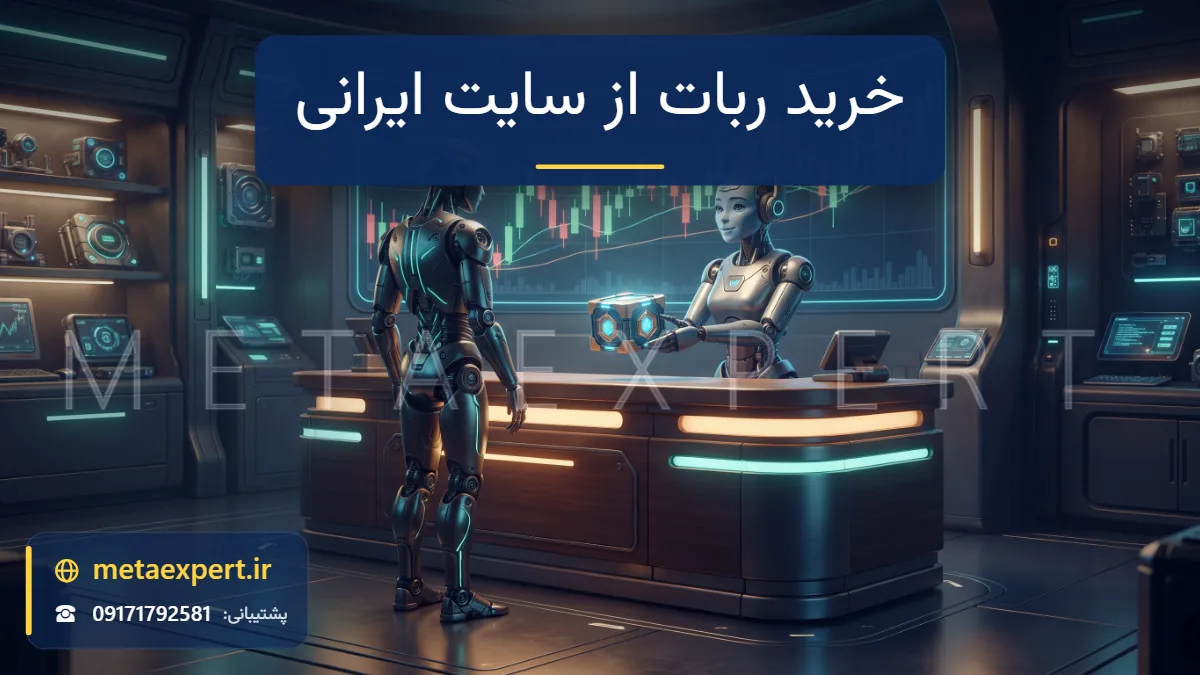 ربات مشتری کنار پیشخوان نورانی فروشگاه که ربات فروشنده با هدست پشتیبانی جعبه درخشانی به او می‌دهد با نمودار شمعی روی دیوار برای خرید ربات فارکس از سایت‌های ایرانی