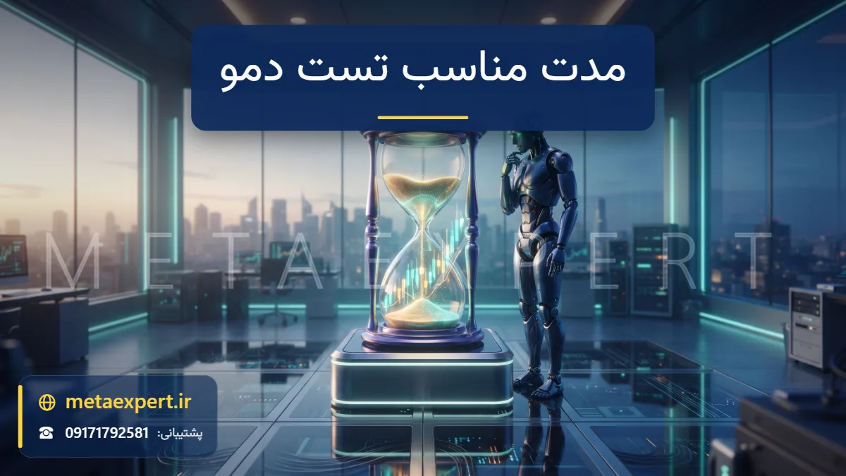 ربات در اتاق آزمون شیشه‌ای آرام در حال تماشای ساعت شنی نورانی که شن آن نمودار شمعی رو به رشد می‌سازد برای مدت زمان مناسب تست دمو ربات