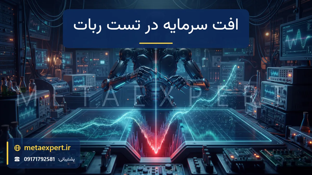 ربات دانشمند در حال اندازه‌گیری عمق دره نورانی منحنی موجودی صعودی با پرتو عمودی نوری و برجسته شدن عمیق‌ترین نقطه با رنگ قرمز برای بررسی افت سرمایه در تست