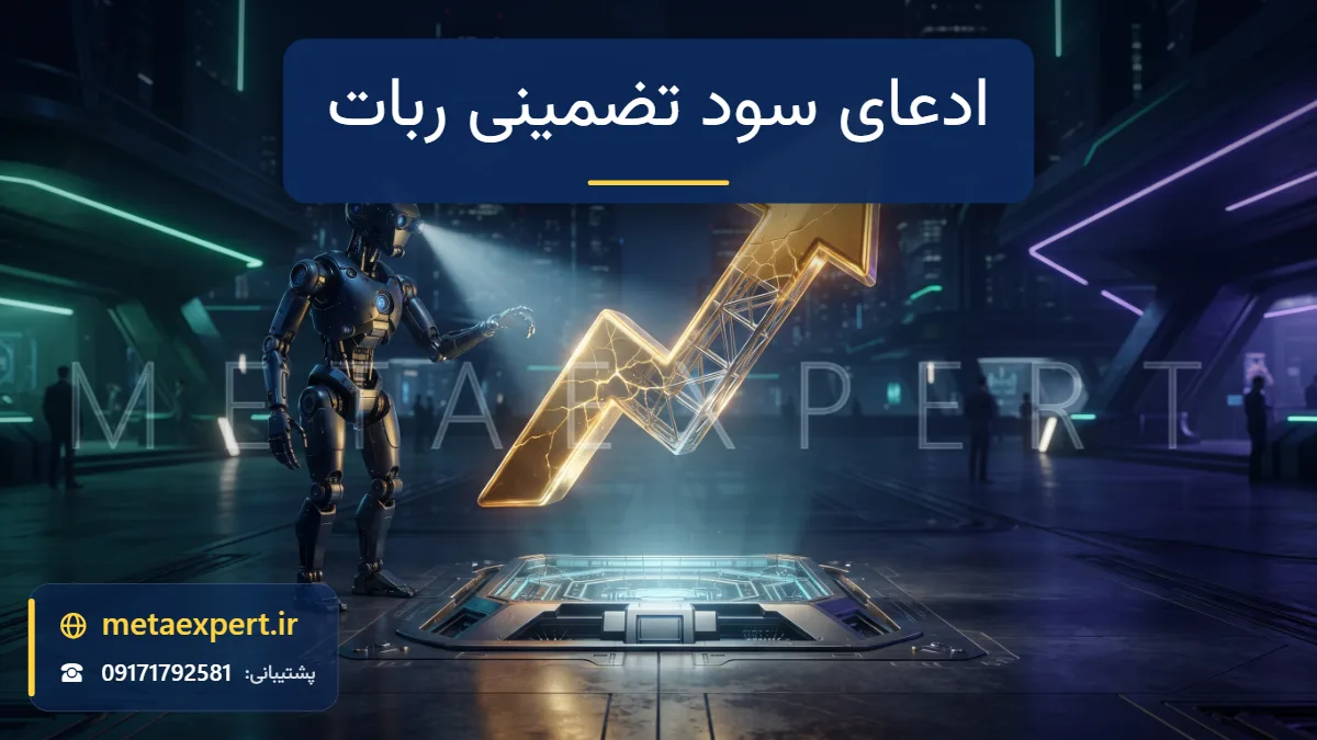 هولوگرام براق طلایی با فلش صعودی کاملاً صاف و ربات بازرس با پرتو نوری که ترک‌ها و داربست توخالی پشت آن را آشکار می‌کند برای بررسی ادعای سود تضمینی ربات