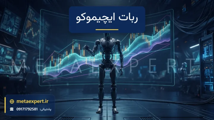 ربات مقابل نمودار شمعی با ابر نورانی نیمه‌شفاف فیروزه‌ای و بنفش که همراه قیمت جریان دارد و چند خط نوری باریک برای معرفی ربات ایچیموکو